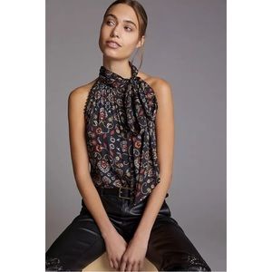 NWT ANTHROPOLOGIE SACHIN & BABI SLEEVELESS TIE-NECK BLOUSE (BLACK MO…